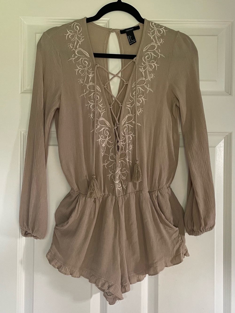 Forever 21 Taupe Lace-Up Embroidered Long-Sleeve Romper